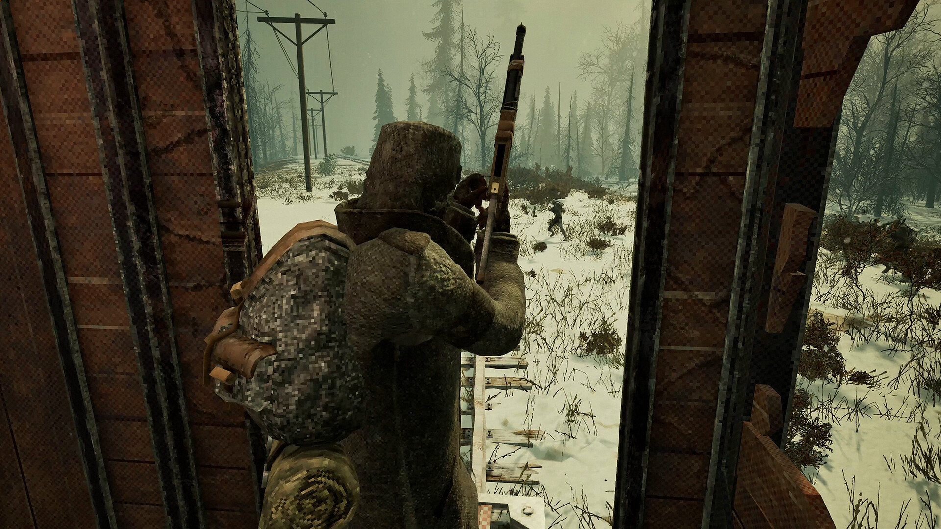 A survivor with a rifle stepping out of a carriage into a frozen forest in Frostrail