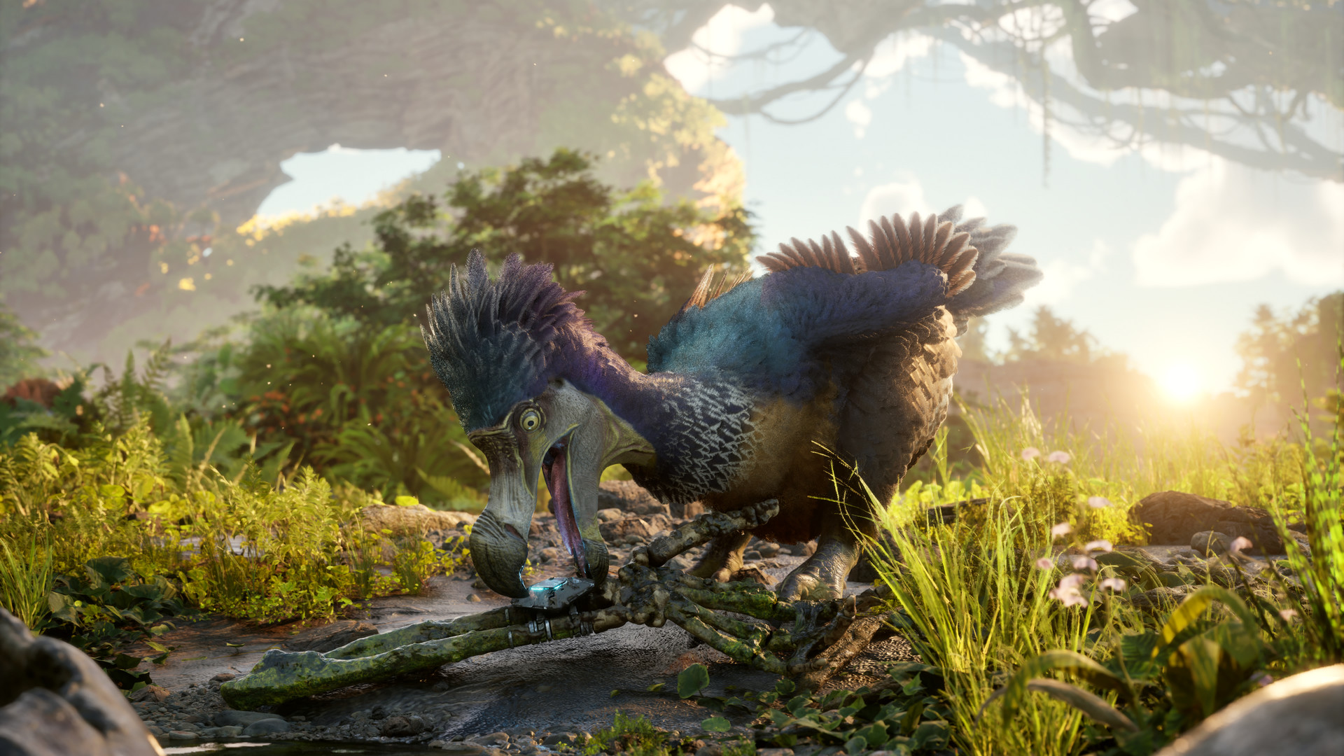 Cinematic still of a Tyrannosaurus rex confrontation - showing the dinosaur encounters and Souls-like primitive combat