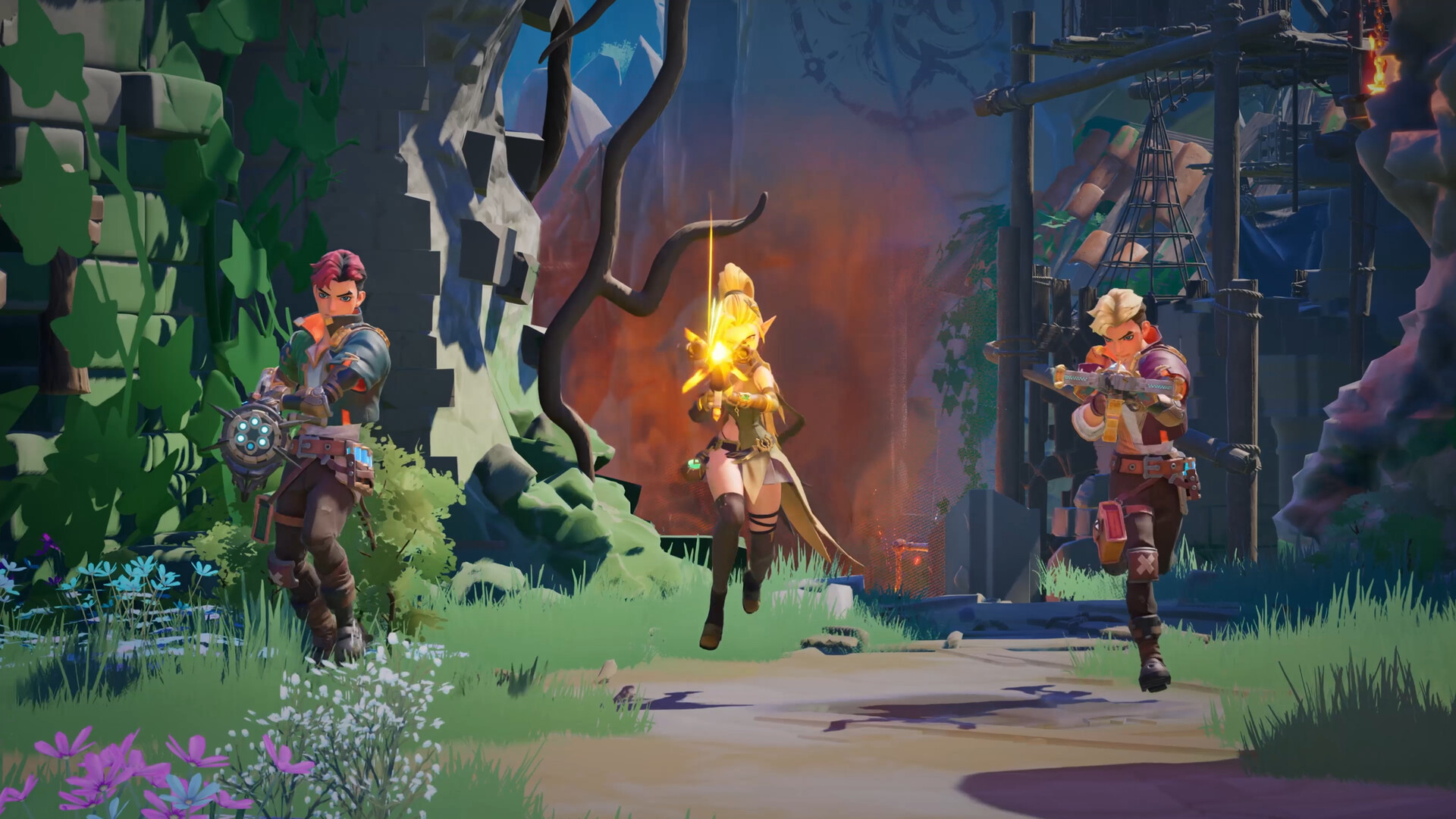 Three characters, one carrying a bow, run through a forest clearing in Guns & Dragons