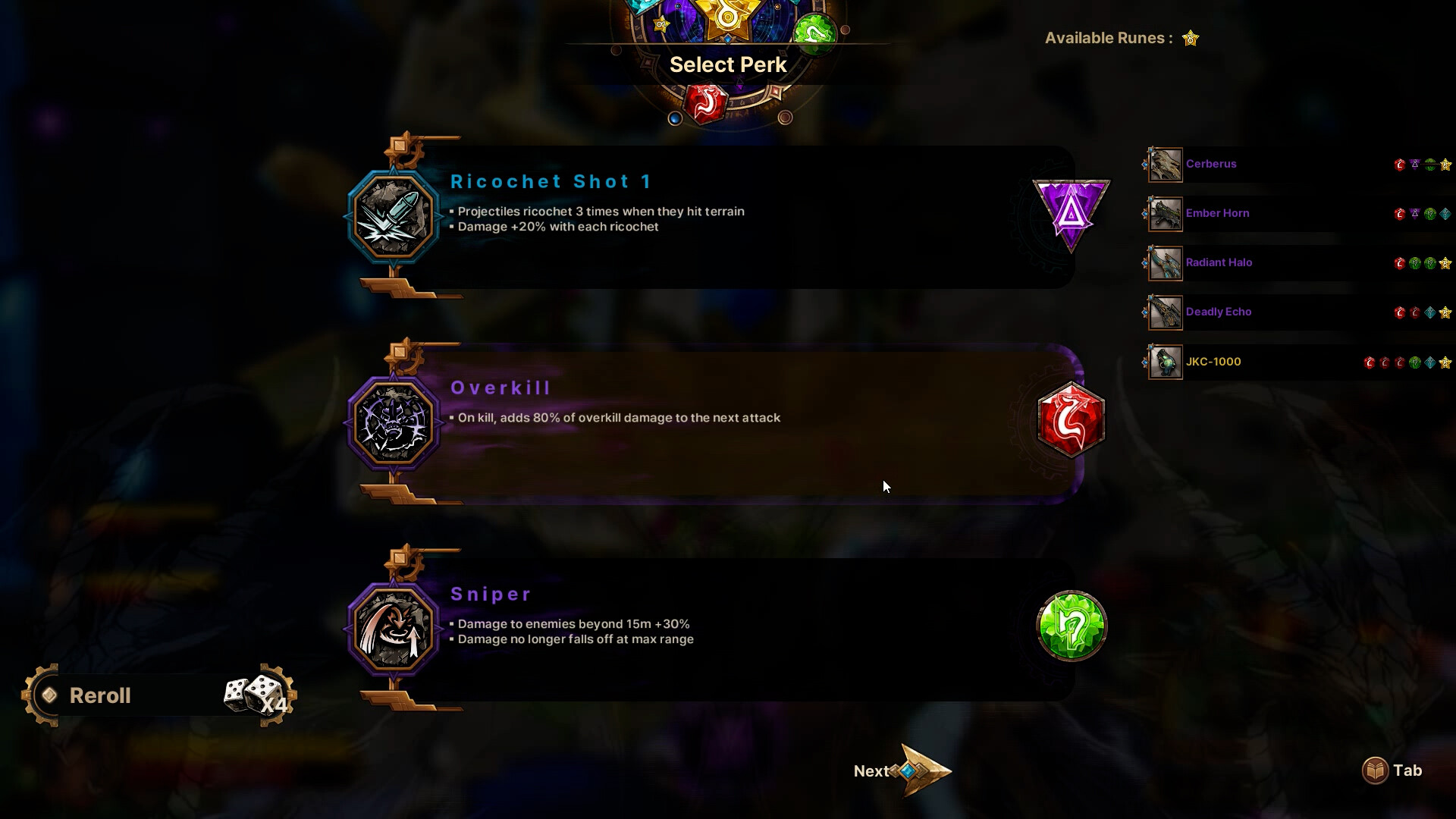 The Select Perk screen offering three perk choices during a run, from a pre-release build of Guns & Dragons