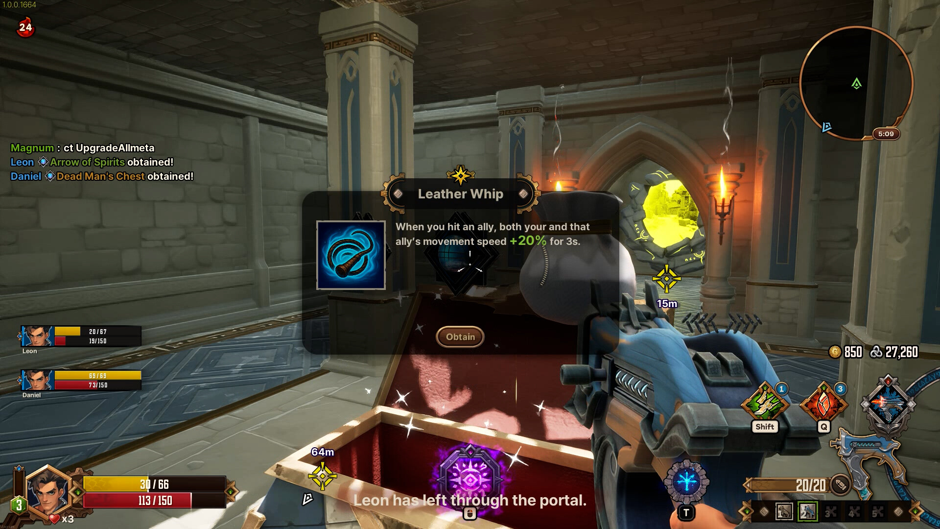 Opening a chest that offers the Leather Whip artifact in a stone corridor in Guns & Dragons