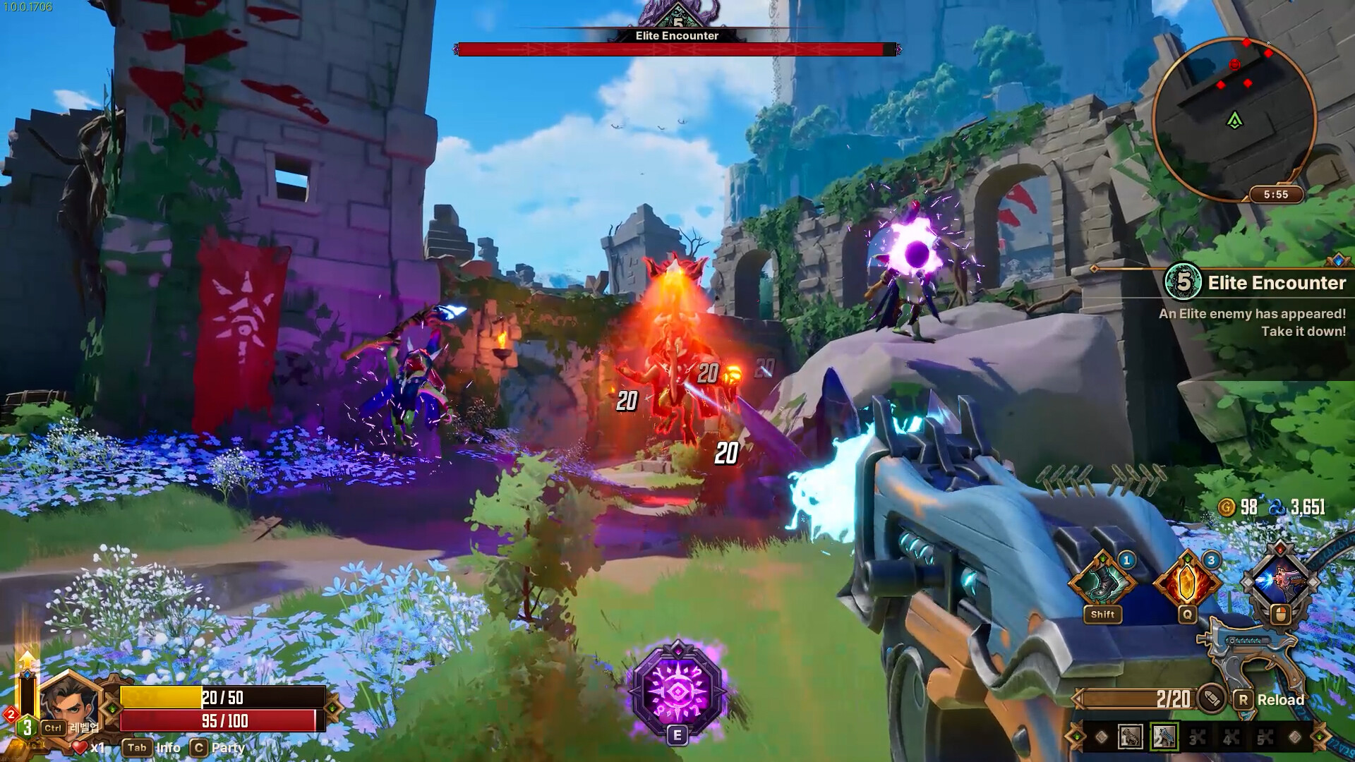 First-person combat during an Elite Encounter in sunlit ruins in Guns & Dragons