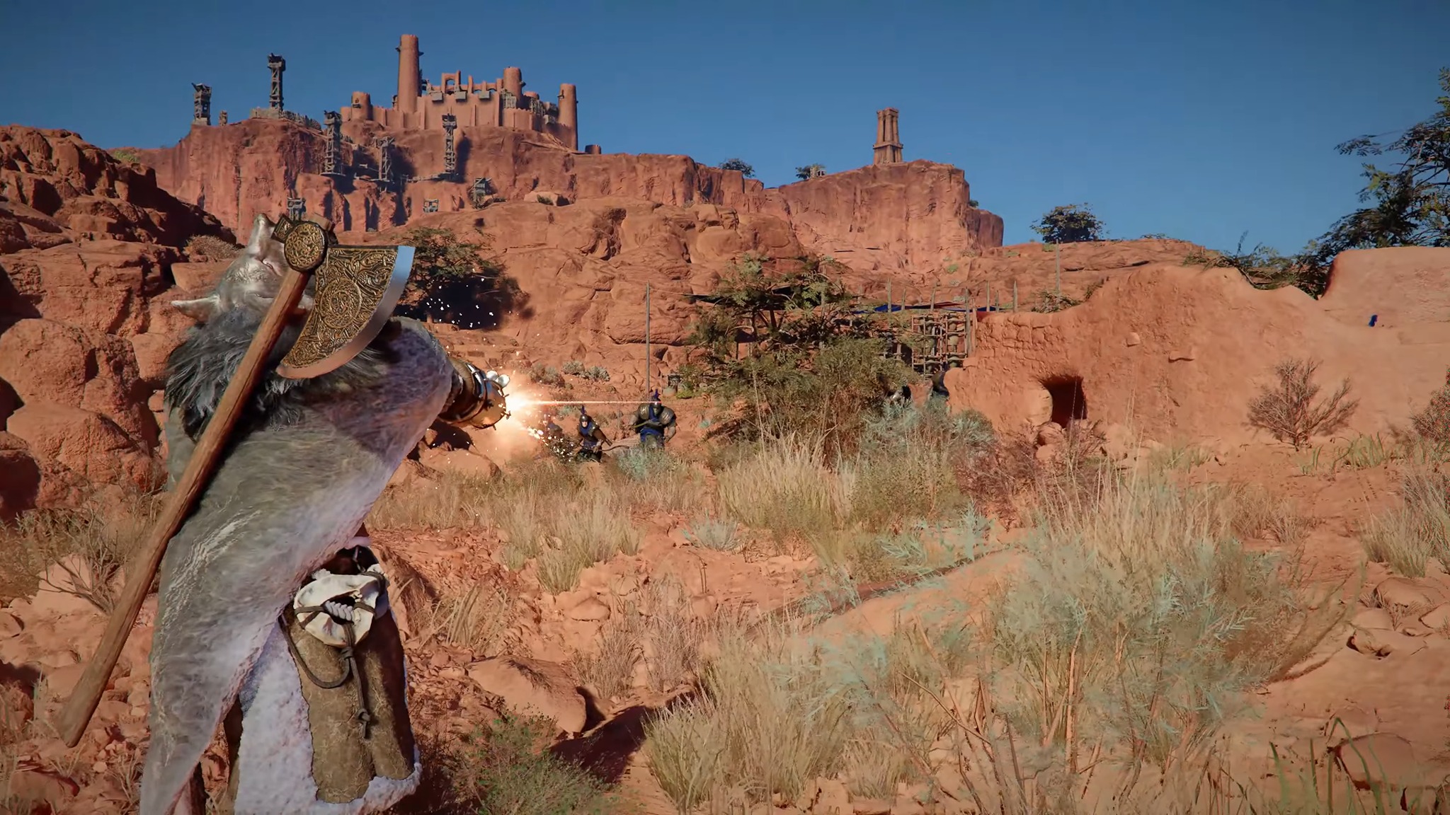 Oongka firing his arm cannon in combat during Crimson Desert gameplay