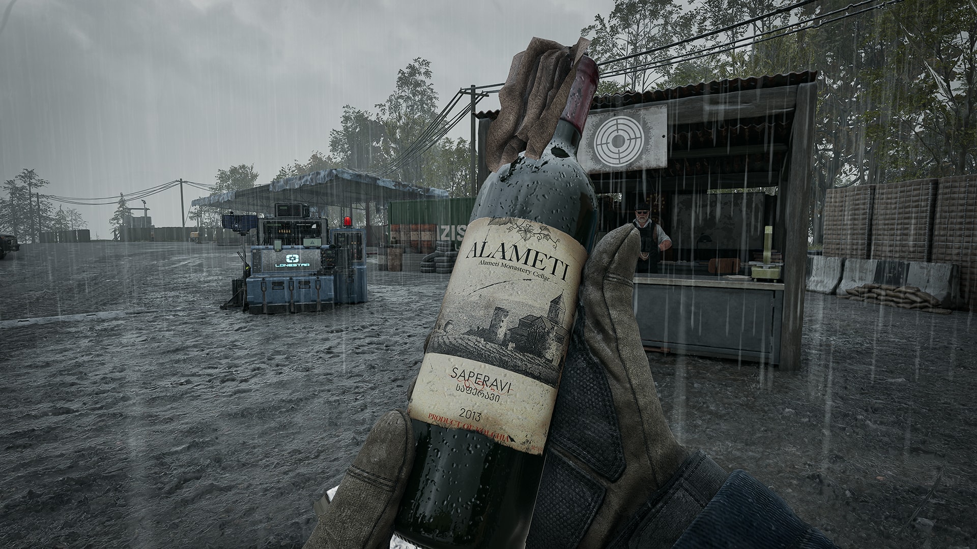 First-person view of a Molotov made from a corked wine bottle, held in the rain near a vendor stall in WARDOGS