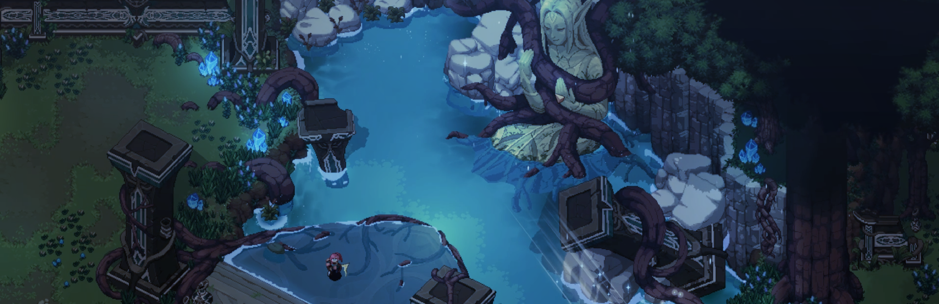 Dimraeth Early Access launch banner art: a red-haired hero standing by a moonlit pool beneath a giant vine-wrapped Elf statue