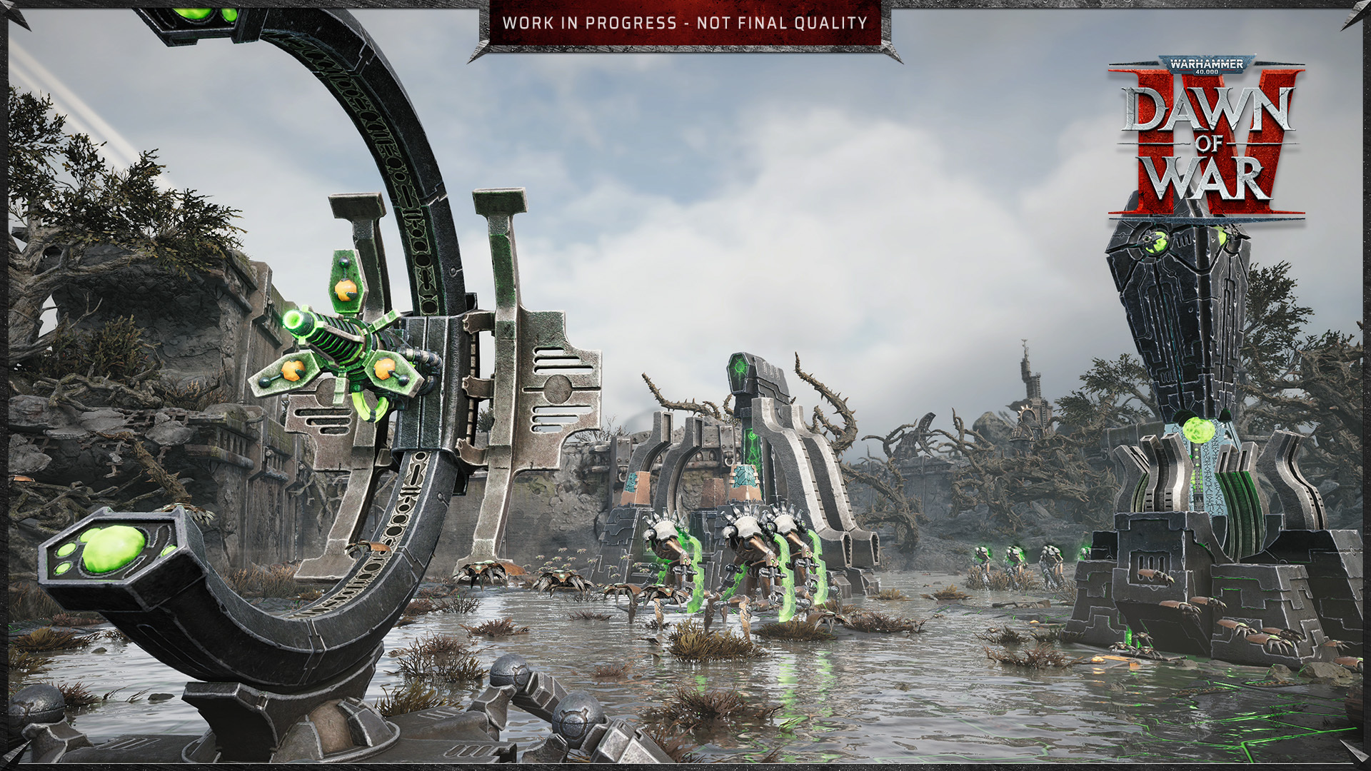 Necron constructs and scarabs moving through a flooded tomb complex beneath a great arch in Warhammer 40,000: Dawn of War IV