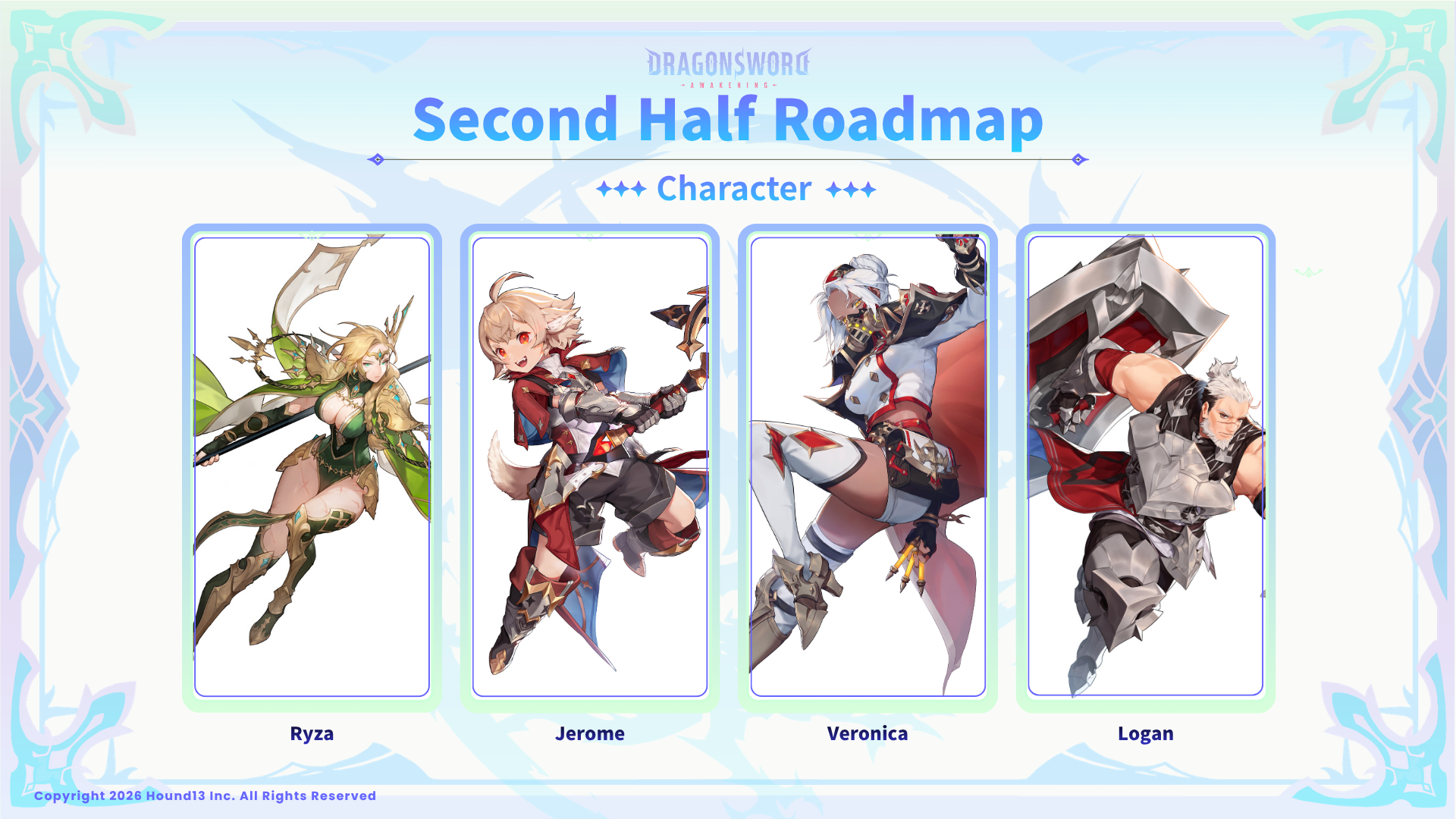 Official DragonSword : Awakening roadmap art introducing the four post-launch Heroes Ryza, Jerome, Veronica and Logan