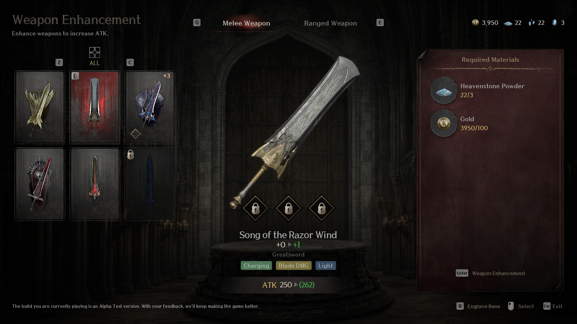Weapon Enhancement screen from the EVILBANE playtest showing the Greatsword Song of the Razor Wind being upgraded with gold and Heavenstone Powder