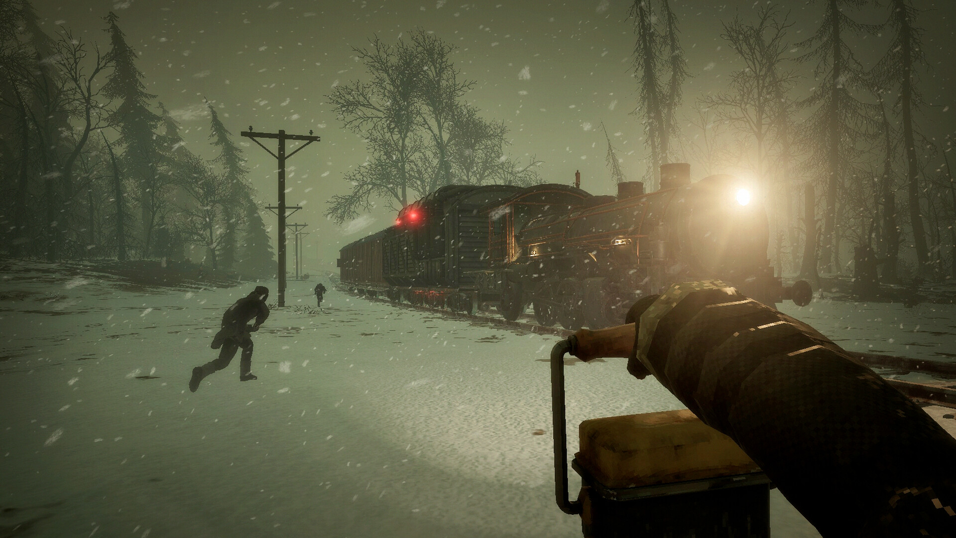 Survivors running through falling snow beside the train at night in Frostrail