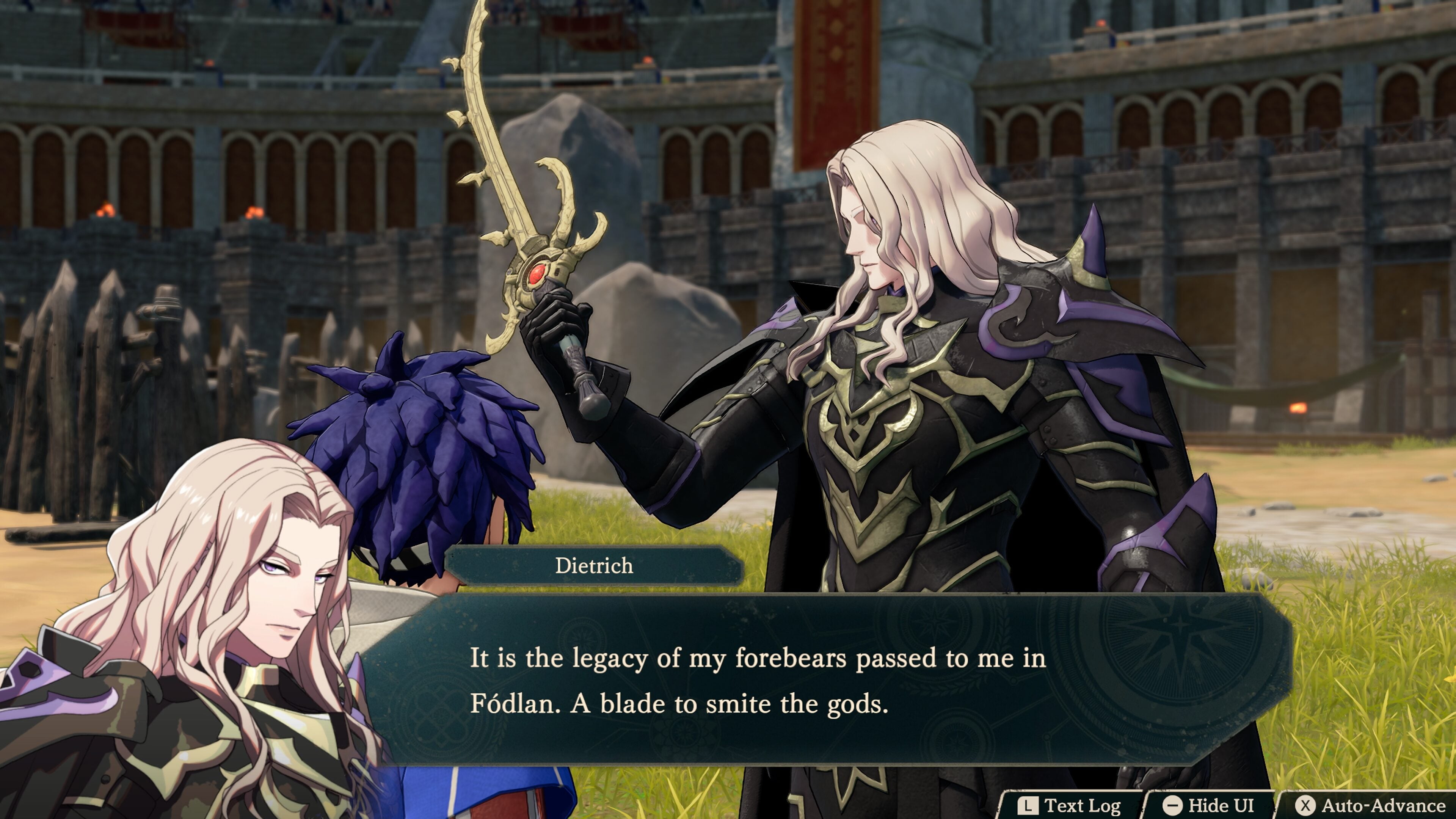 Dietrich holding up the ornate golden Answerer in the arena while Cai looks on