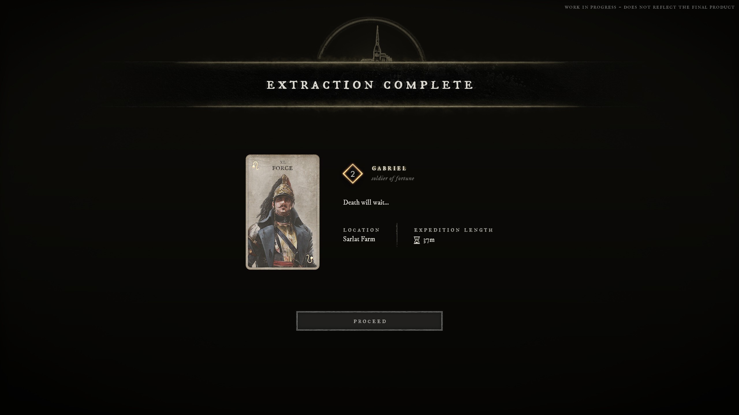 The Extraction Complete summary screen, showing the run's character card, the location played and the elapsed Expedition length