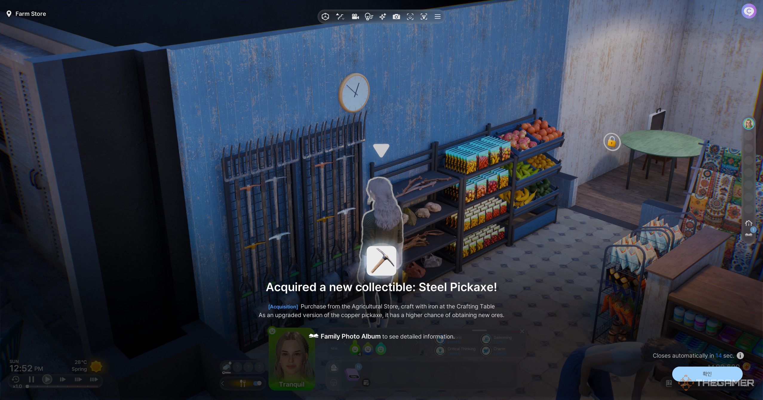 Purchasing a pickaxe from the Farm Store for gem mining in Cahaya, inZOI