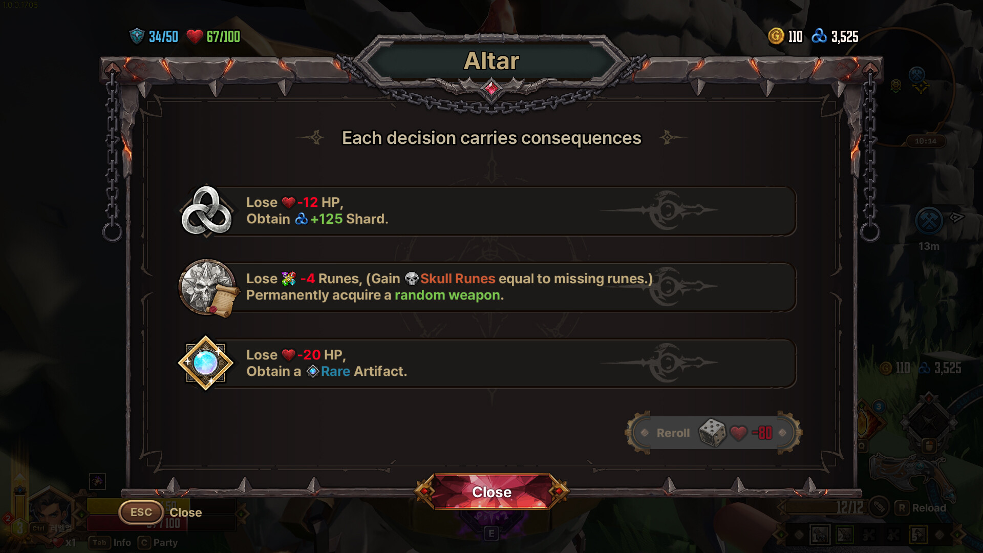 The Altar screen offering three trades that each carry a cost, from a pre-release build of Guns & Dragons