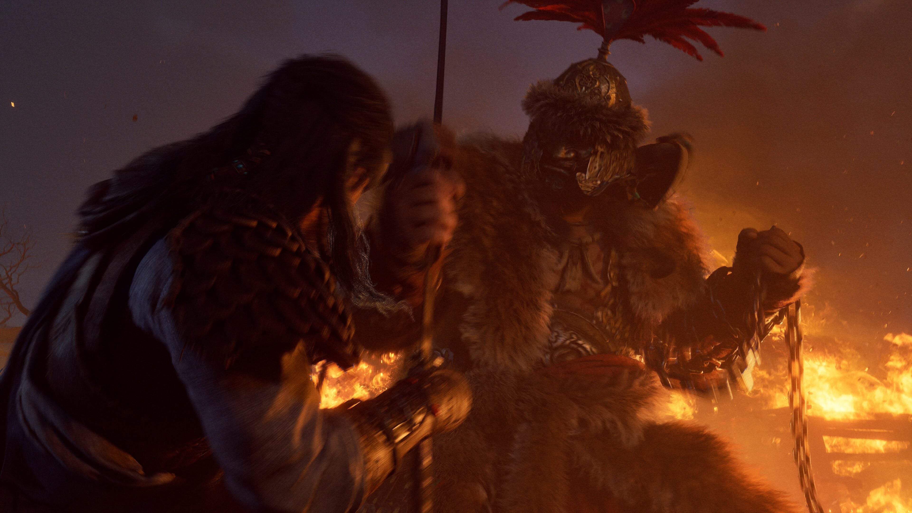 Visceral close-quarters sword clash between the Messenger and a fur-clad enemy commander illuminated by firelight