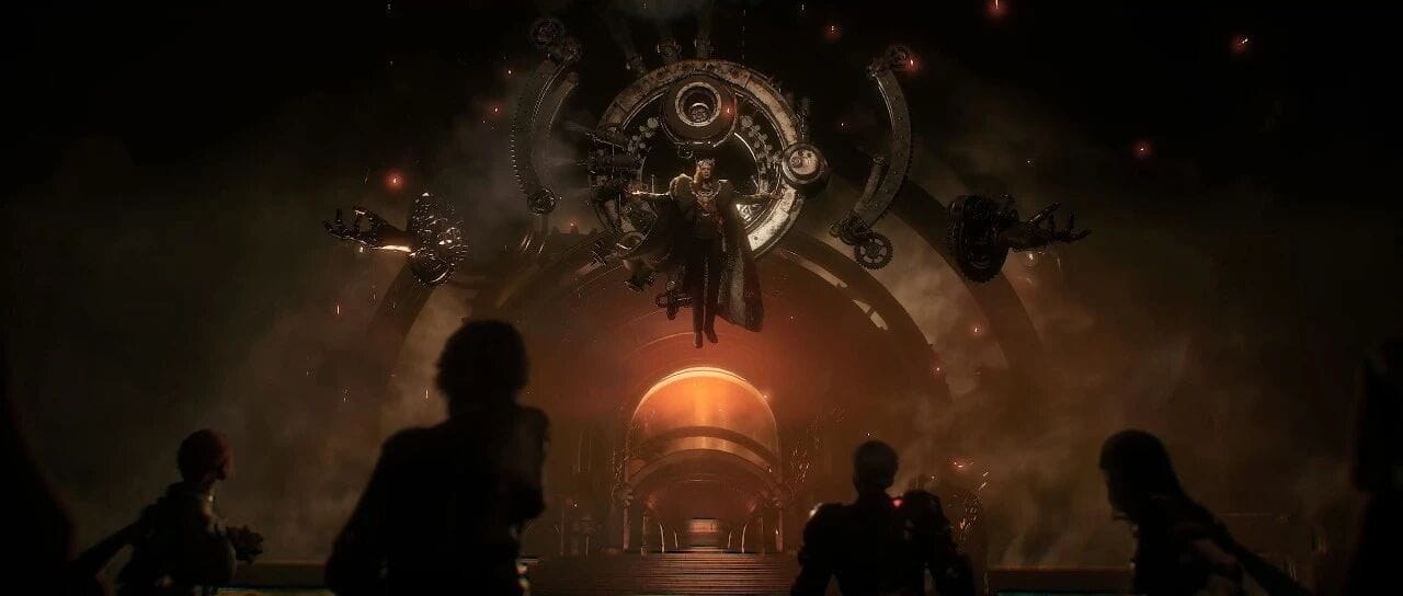 Preview of the Emperor's Second Advent raid in Lord of Mysteries: silhouetted Beyonders face a figure suspended before a vast brass clockwork mechanism