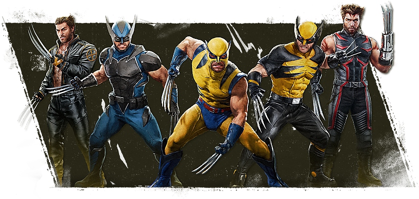Line-up render of the five Digital Deluxe suits side by side with claws extended