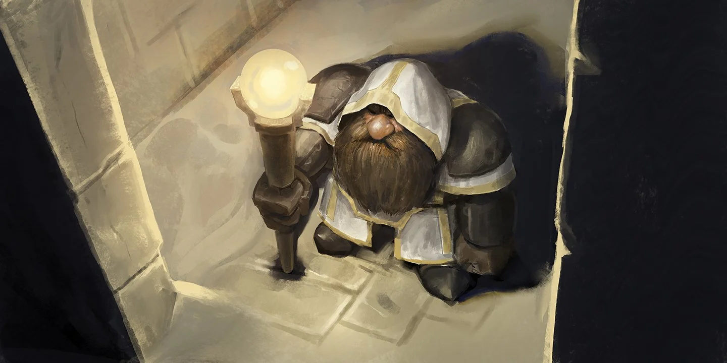 Illustration of an armoured Dwarf holding up a glowing light in a dark stone hall