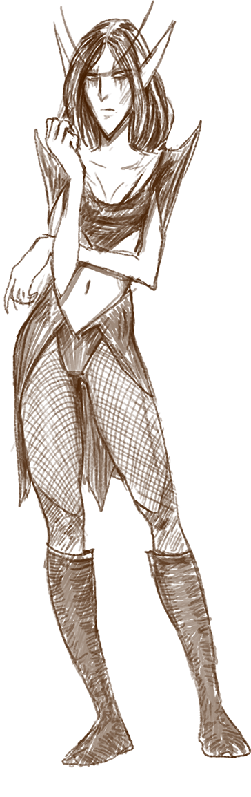 Concept sketch of a Deep Elf woman in dark leathers and tall boots
