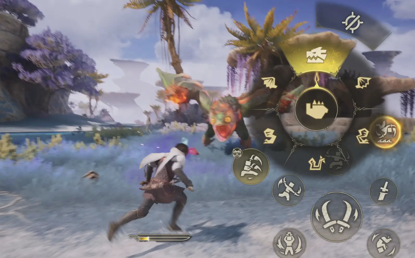Mobile combat screen with the radial menu used to lock on to a monster part