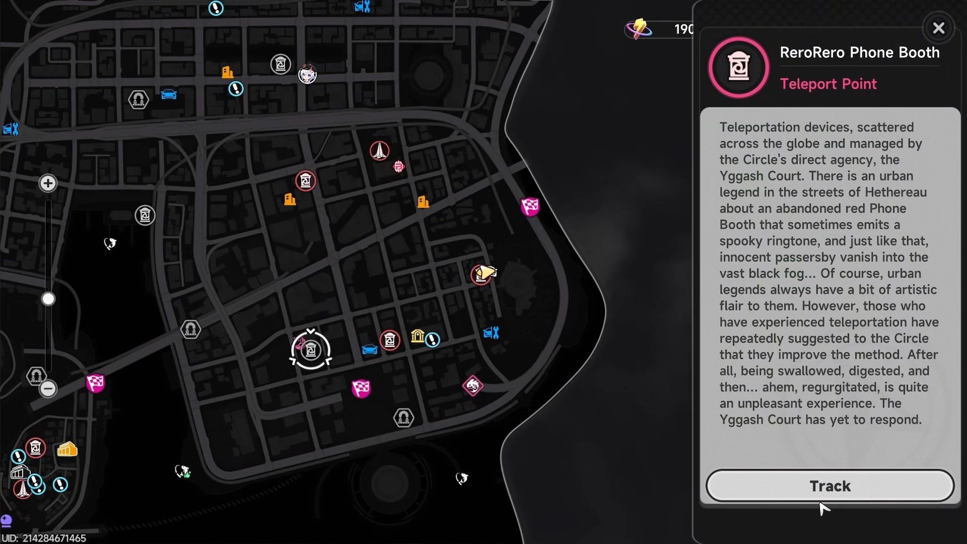 ReroRero Phone Booth in-game info panel describing the Yggash Court teleport network