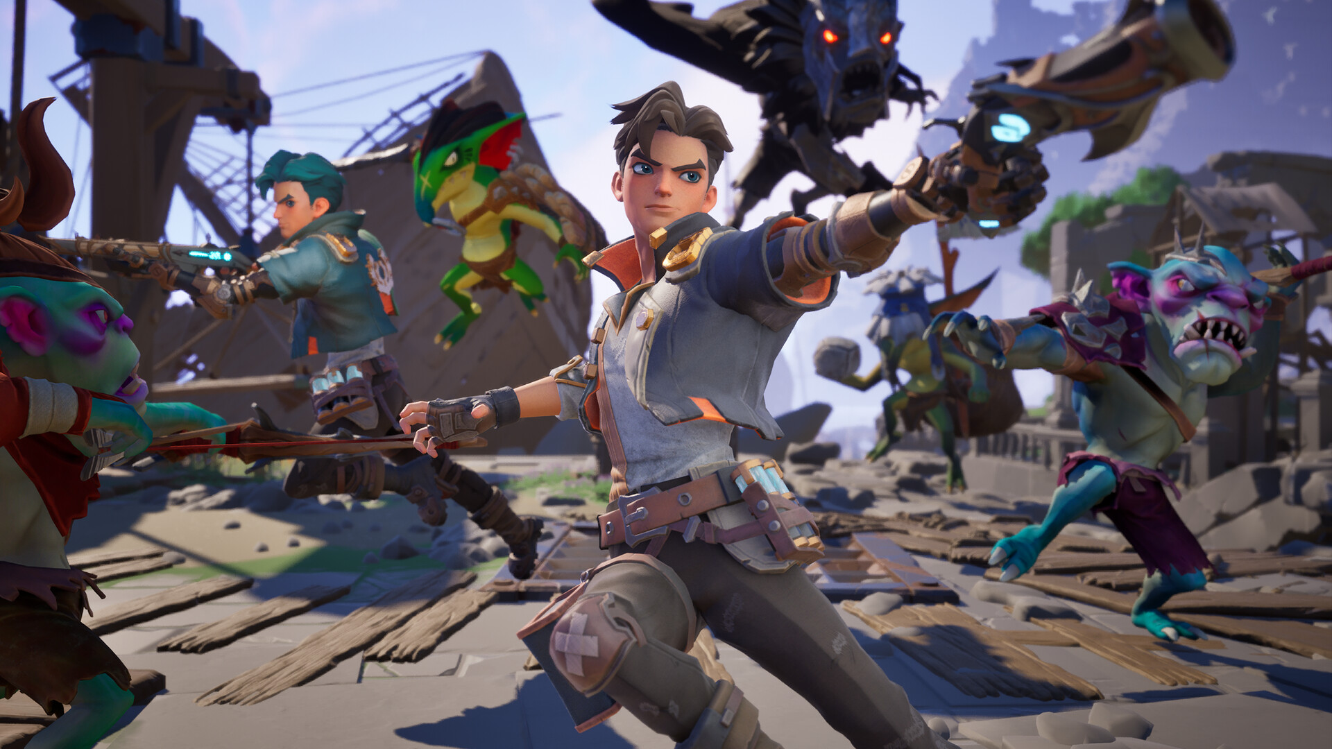 A character fires at a crowd of goblin-like monsters in a ruined town in Guns & Dragons