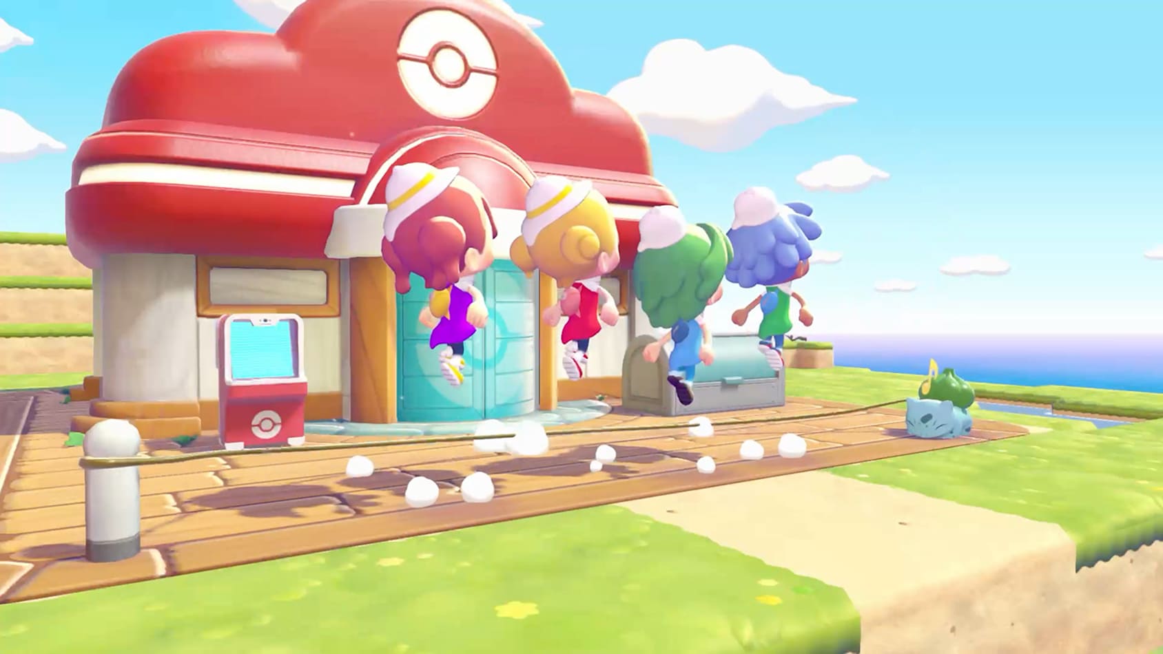 Bulbasaur using vines as a jump rope for Ditto and other Pokemon in a playful teamwork moment