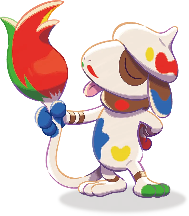 Official character artwork of Smearguru, the artistic Smeargle variant who teaches painting in Pokopia