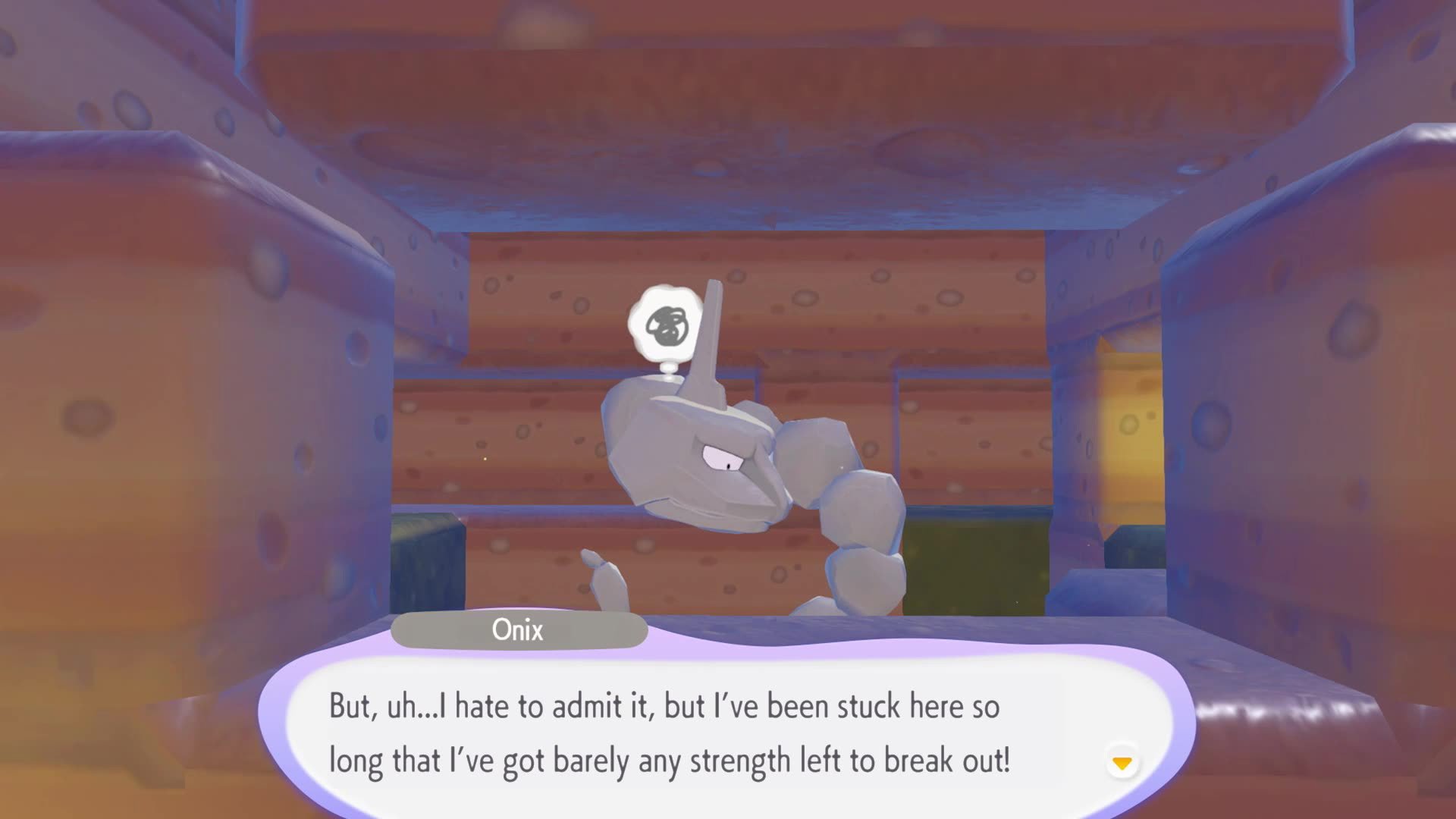 A massive Onix blocking a path, needing the Yawn ability to be put to sleep for the player to pass