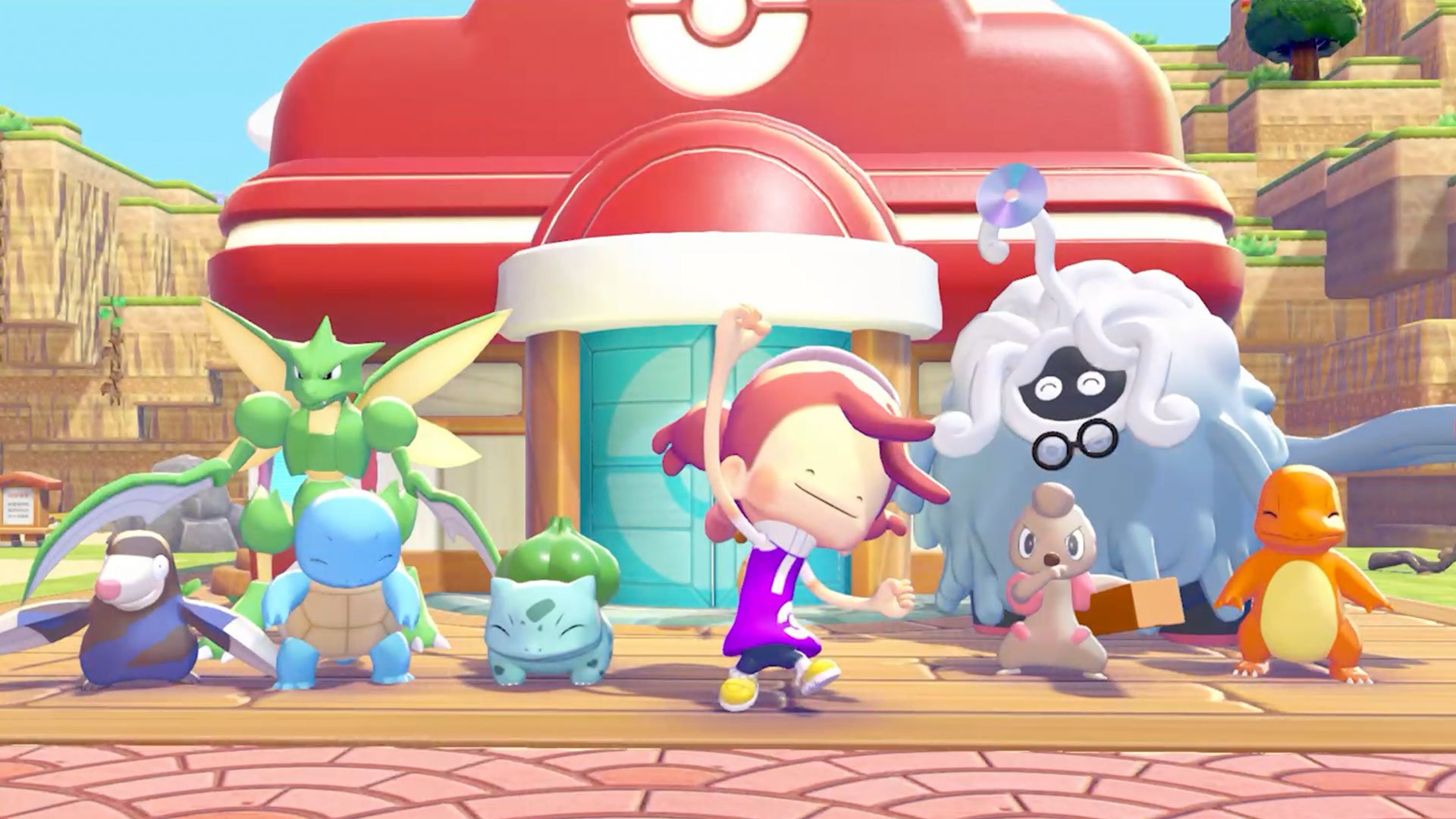 Ditto celebrating with Scyther, Squirtle, Bulbasaur, Professor Tangrowth, Smeargle, and Charmander in front of the rebuilt Pokemon Center
