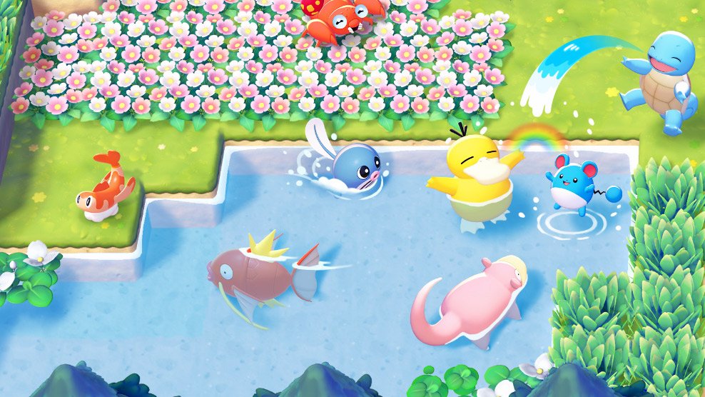 A large pool area with many water-type Pokemon swimming including Magikarp, Goldeen, and Poliwag