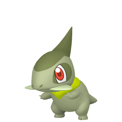 Axew sprite from Pokemon Pokopia showing the Tusk Pokemon with Chop specialty