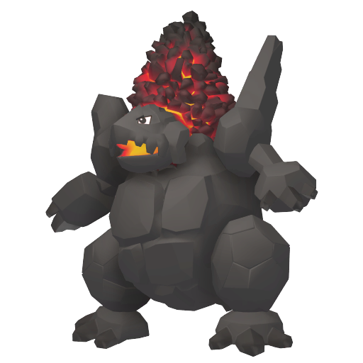 Coalossal sprite from Pokemon Pokopia showing the Coal Pokemon with Gather and Burn specialties