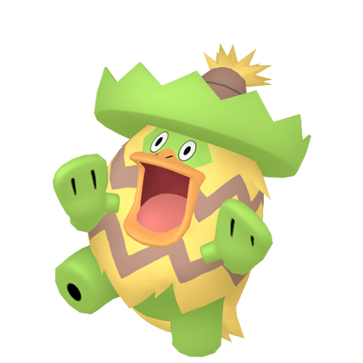 Ludicolo sprite from Pokemon Pokopia showing the Carefree Pokemon with Water and Hype specialties