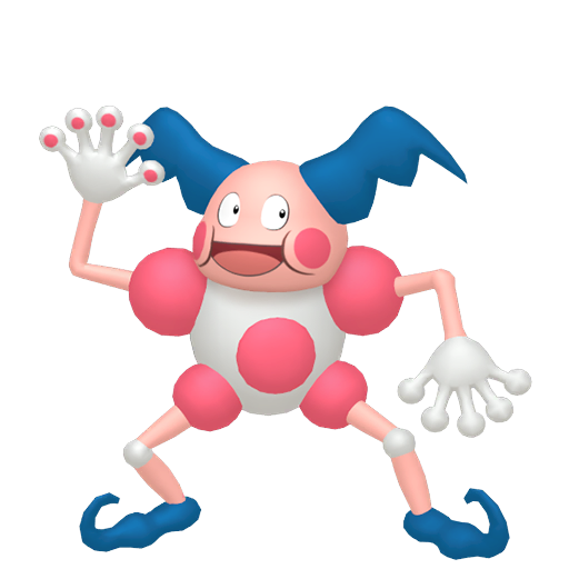 Mr. Mime sprite from Pokemon Pokopia showing the Barrier Pokemon with Gather and Build specialties