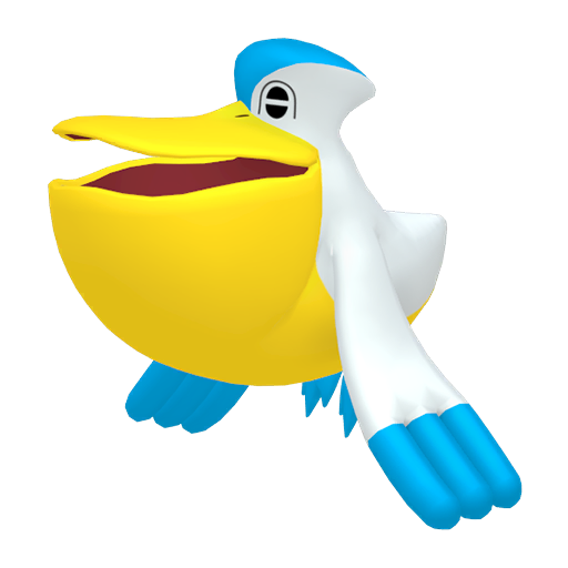 Pelipper sprite from Pokemon Pokopia showing the Water Bird Pokemon with Water and Fly specialties