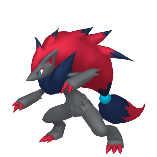 Zoroark sprite from Pokemon Pokopia showing the Illusion Fox Pokemon with Chop and Trade specialties