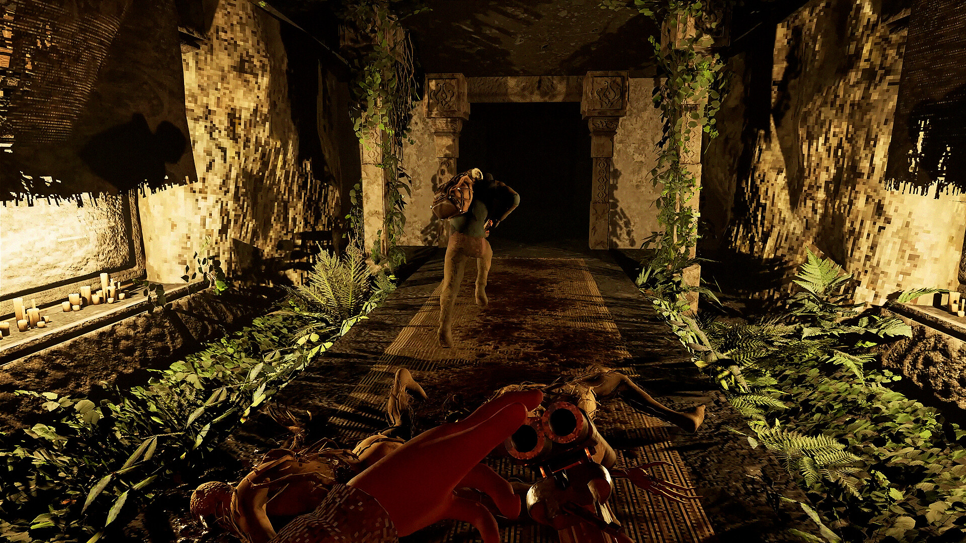 A dim, overgrown corridor inside a ruined structure in Frostrail