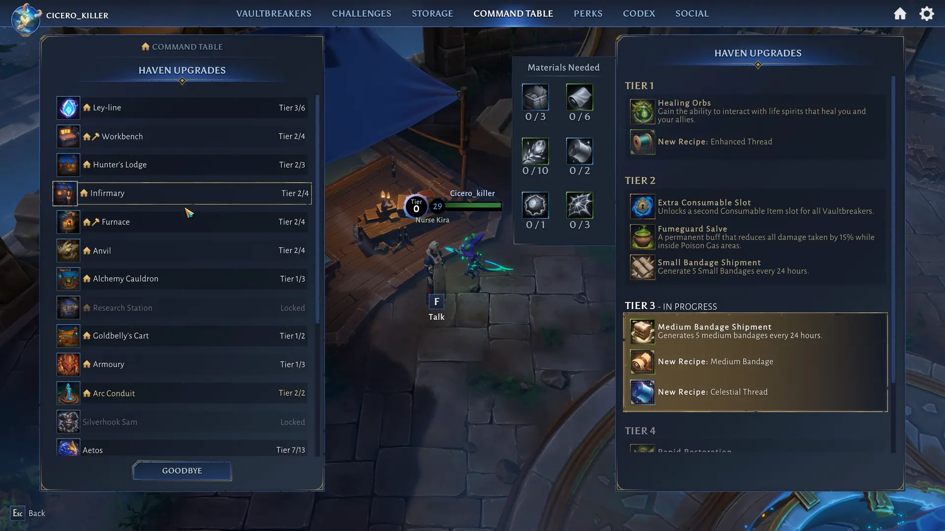 Command Table interface displaying Haven upgrades and material requirements in a preview build.