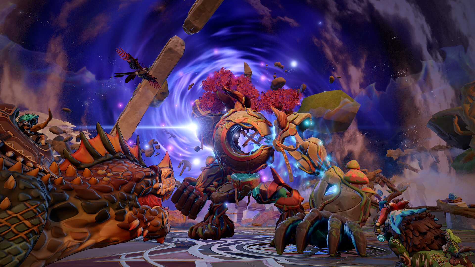 Ridden creatures attacking a giant stone and wood golem in a circular arena under a purple vortex