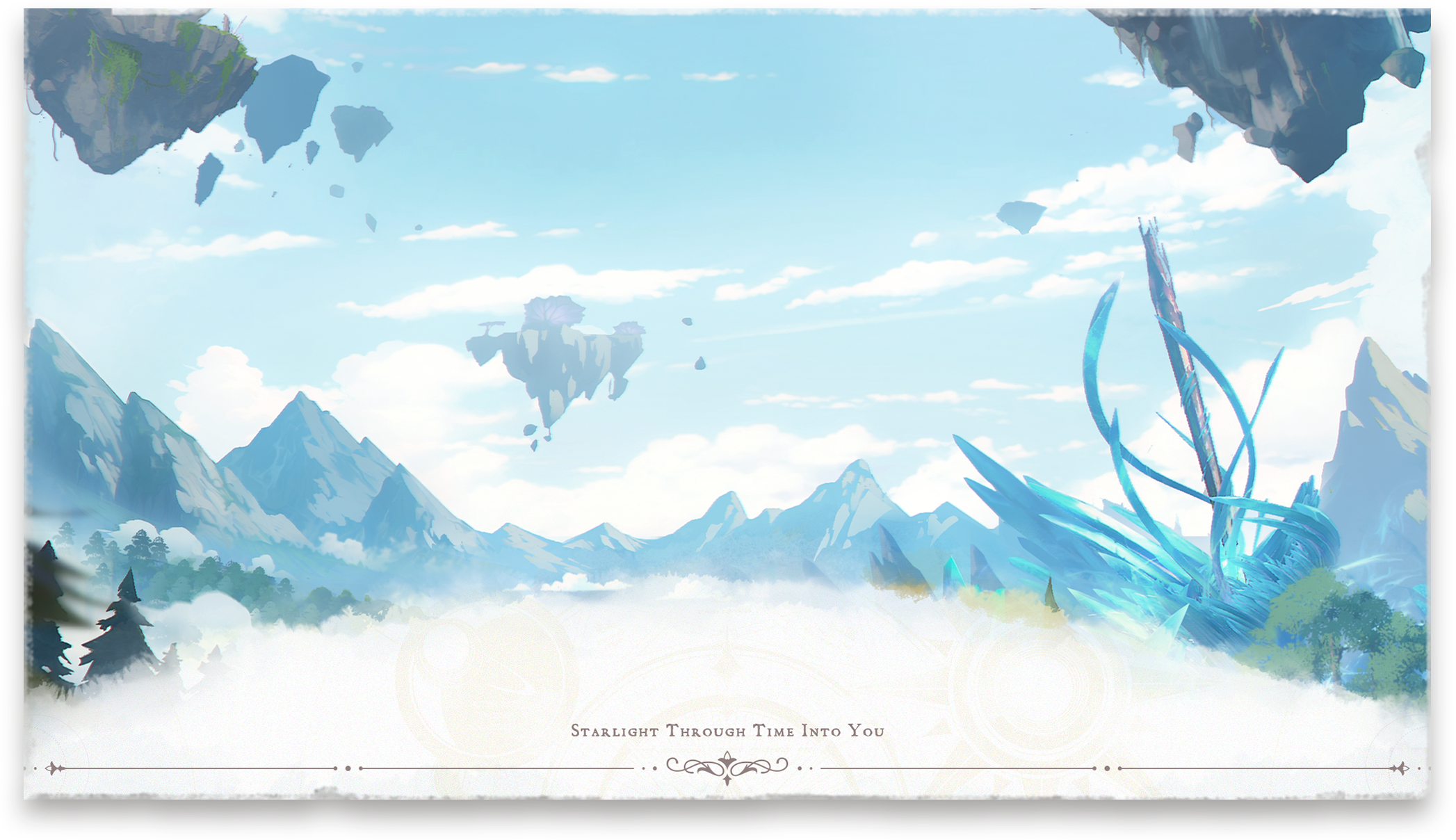 Blue sky over mountains with floating islands and blue crystals