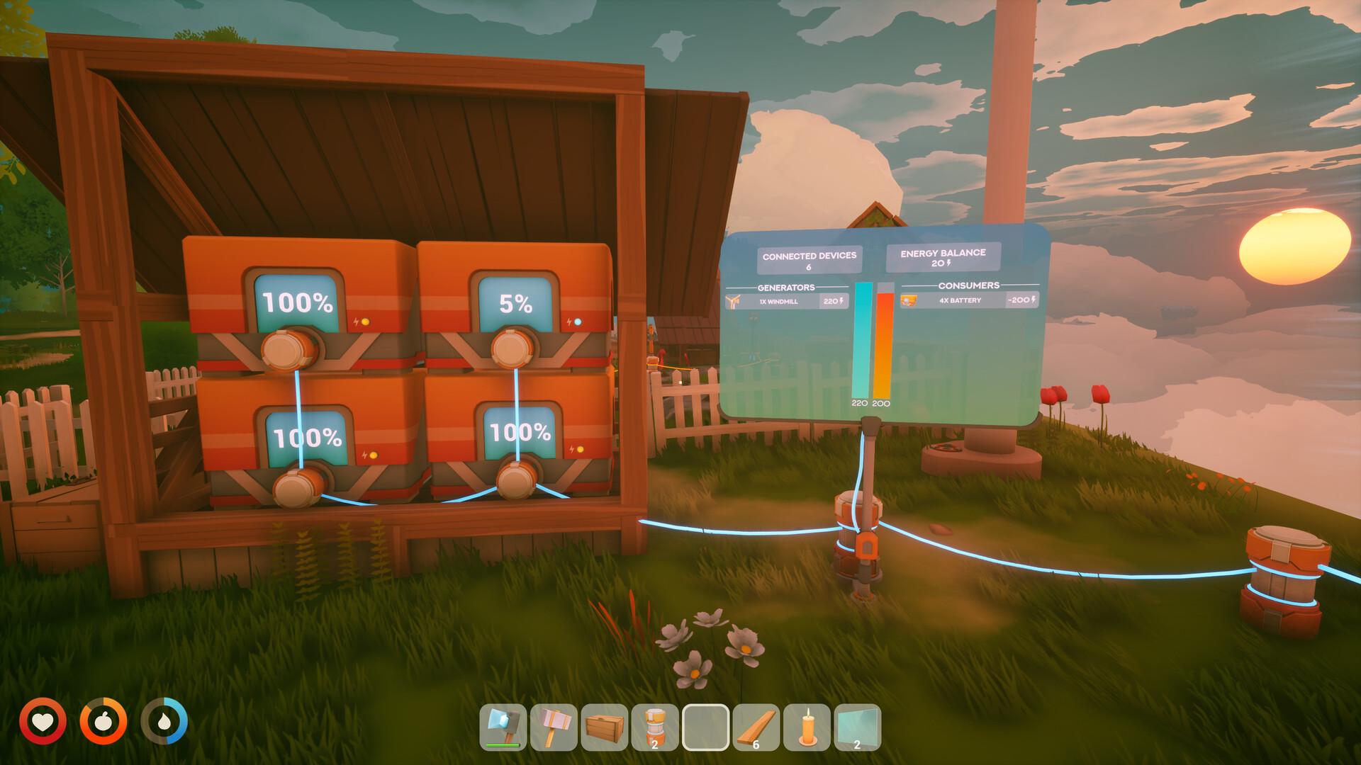 A bank of four batteries under a timber shelter in Solarpunk, each showing its charge level, beside a network display reporting the grid balance with one windmill generating and four batteries drawing