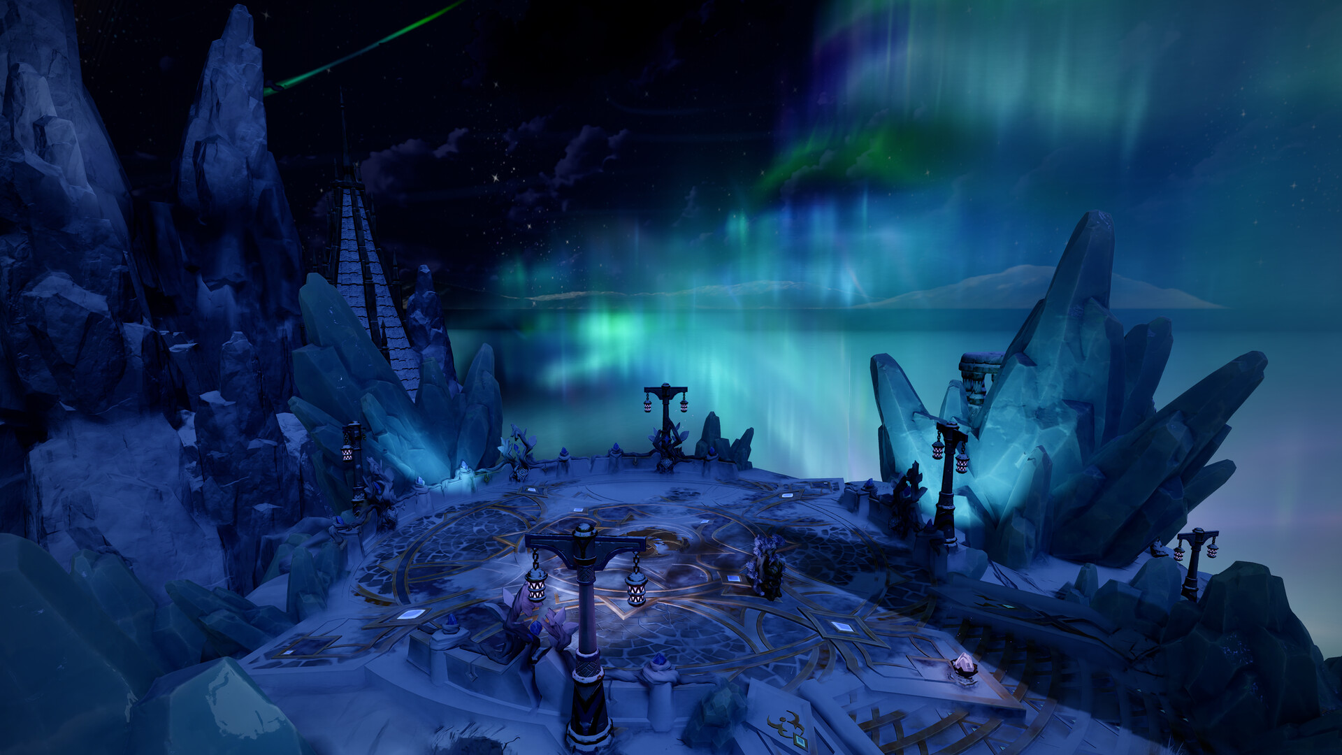 Circular stone plaza on a frozen cliff at night with crystal spires and an aurora over the sea