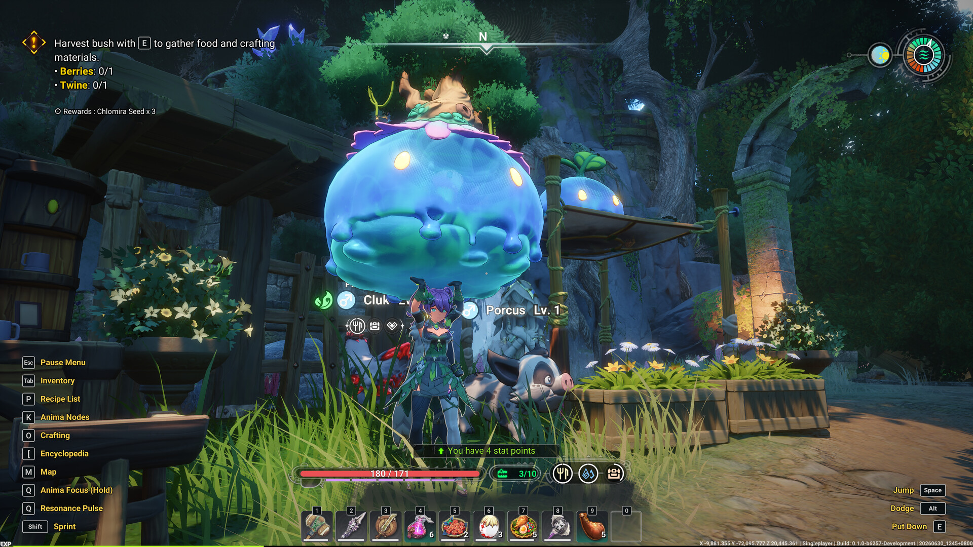 Player carrying a large blue slime overhead next to a fenced pen with a Cluk and a Porcus