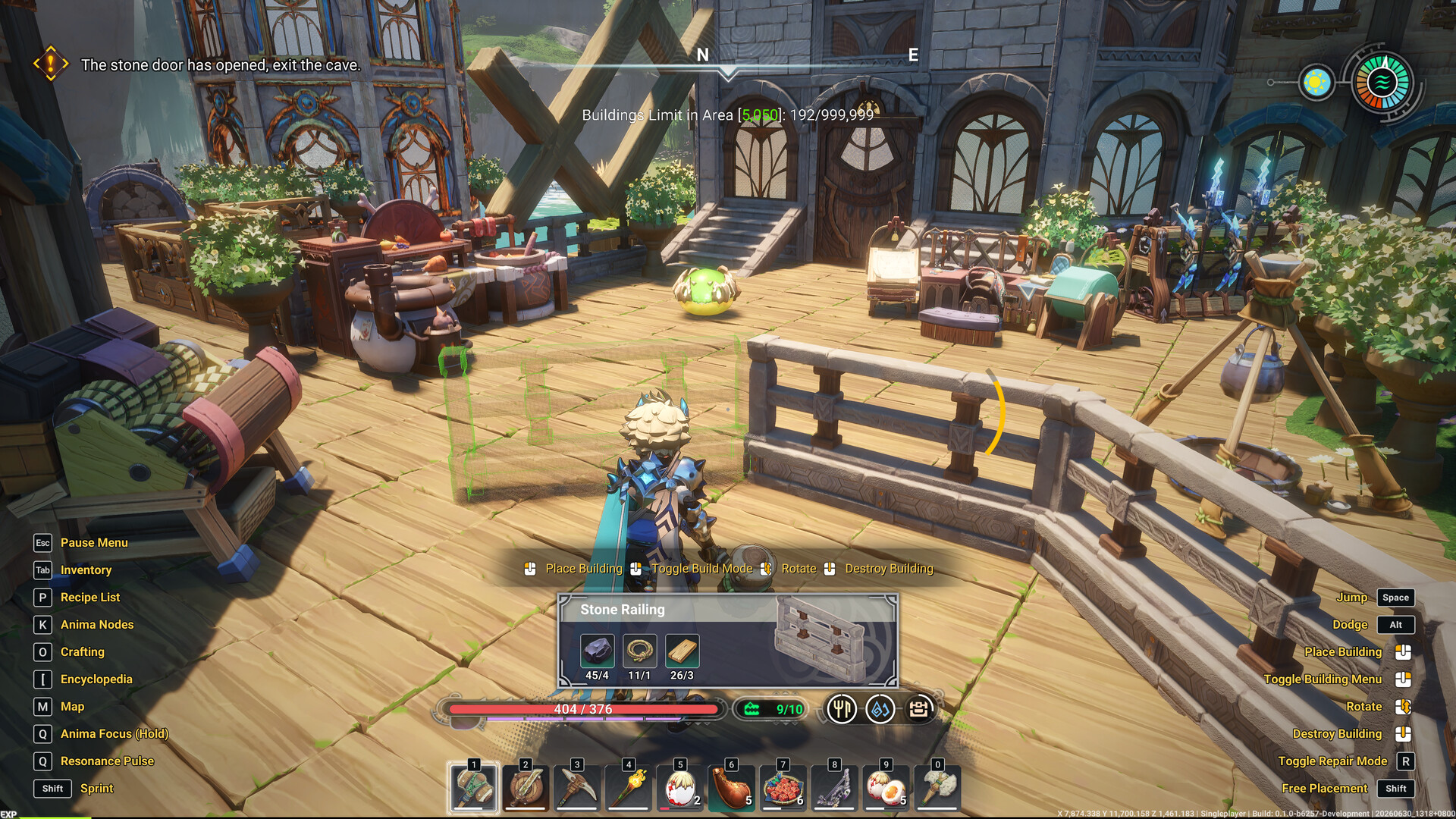 Build mode placing a Stone Railing, with the material cost card and building controls on screen