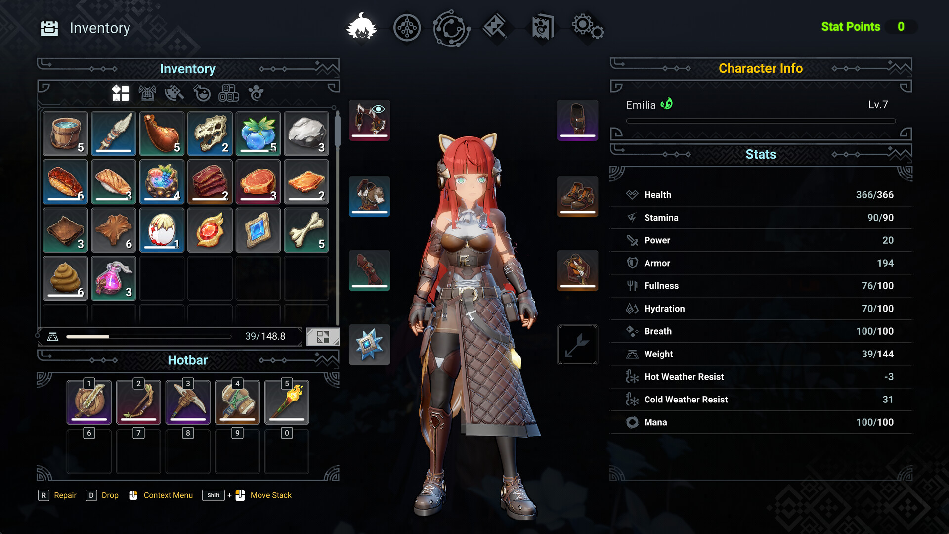 Inventory screen with the hotbar, character level and the full stats panel