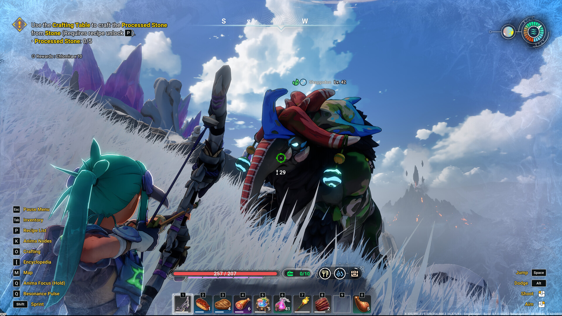 Quest to craft Processed Stone at the Crafting Table while the player aims a bow at a Shaggodon