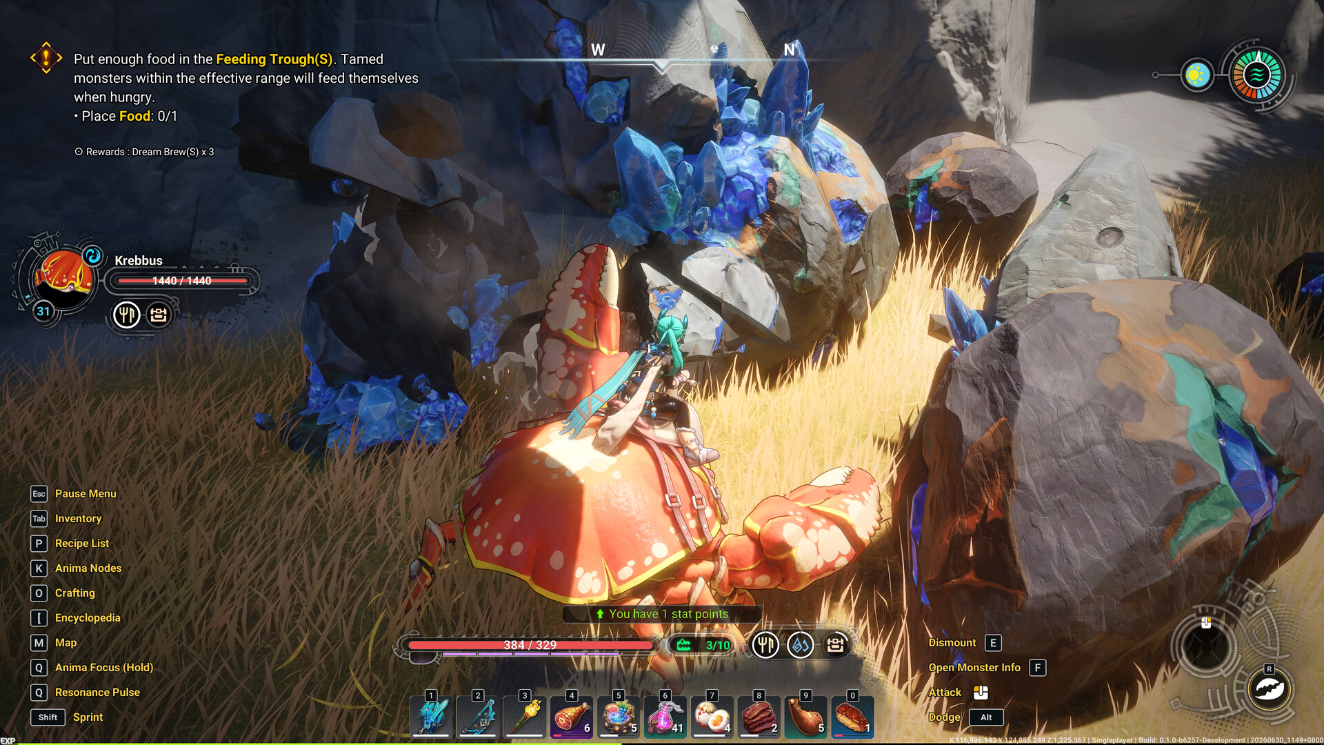 Player riding a Krebbus, a large red crab, with its health shown in the mount panel