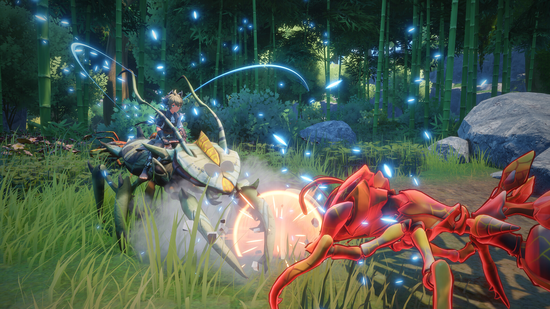 Player riding a pale mantis-like insect while fighting a red ant-like insect in a bamboo forest