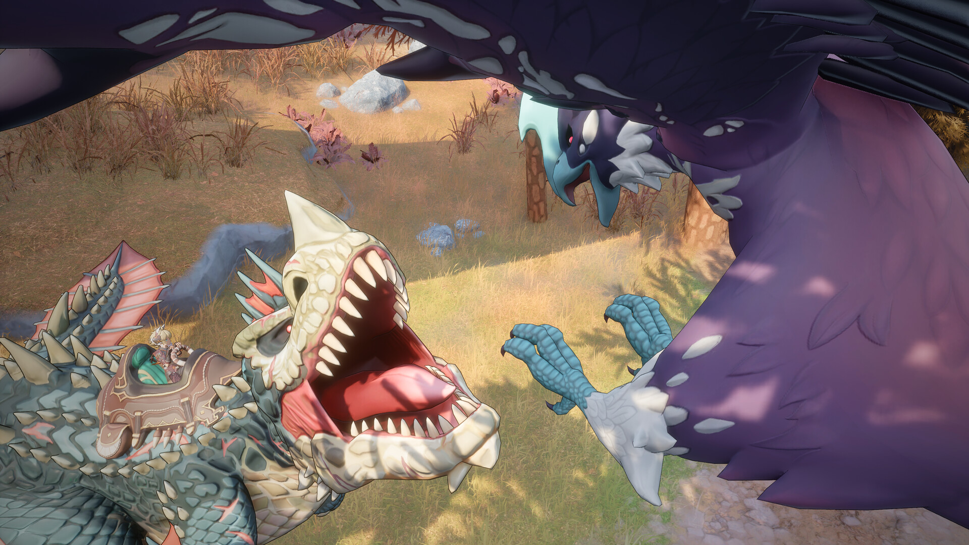 Player on a saddled spiky creature facing a giant purple feathered bird in dry grassland