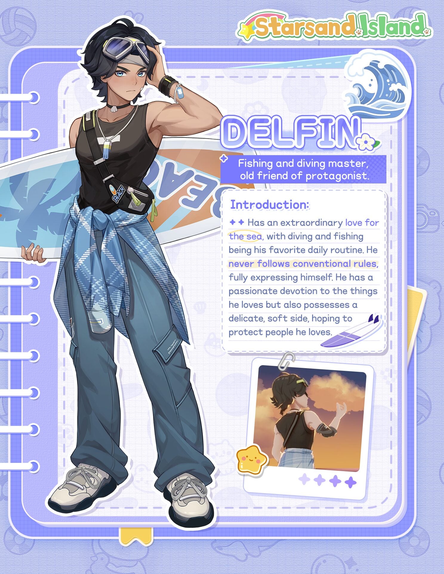 Delphin official character introduction card showing his full-body art as a fishing and diving master